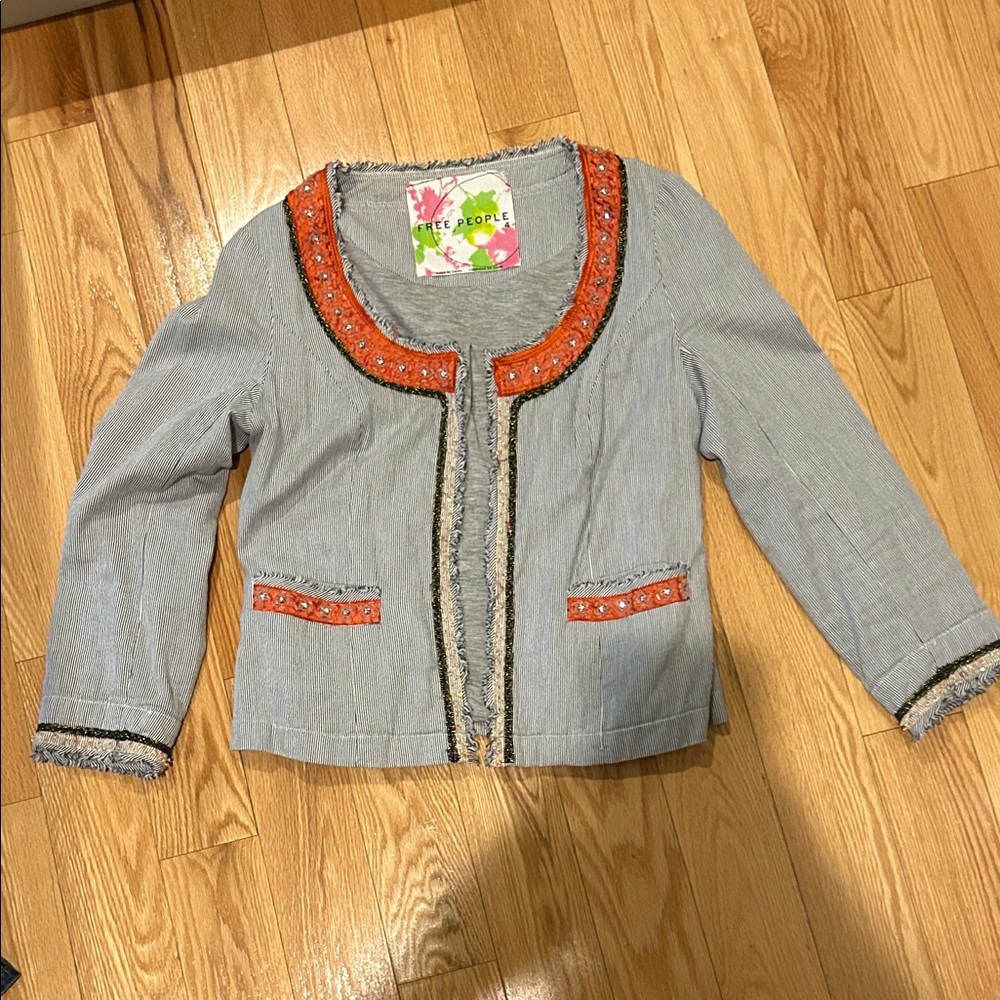 Free People gorgeous cropped Jacket railroad stripe with embellished Trim 4